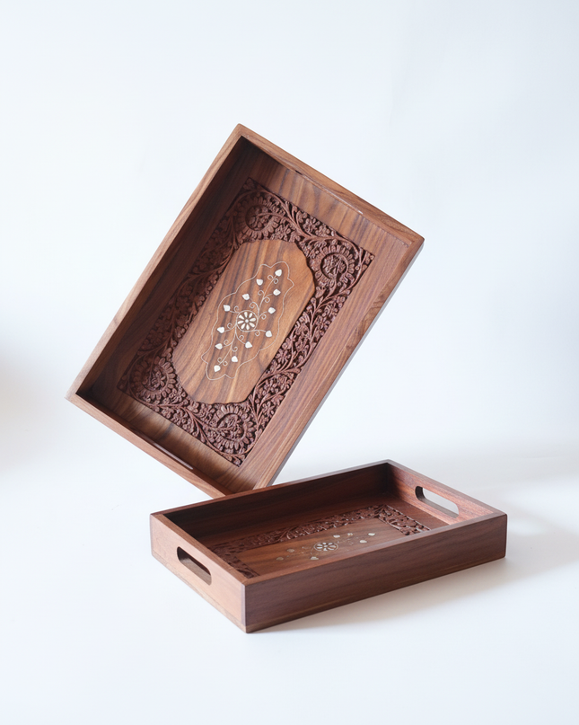 Premium Handcrafted Wooden Serving Tray Set (Set of 2) with Intricate Carving & Inlay Design