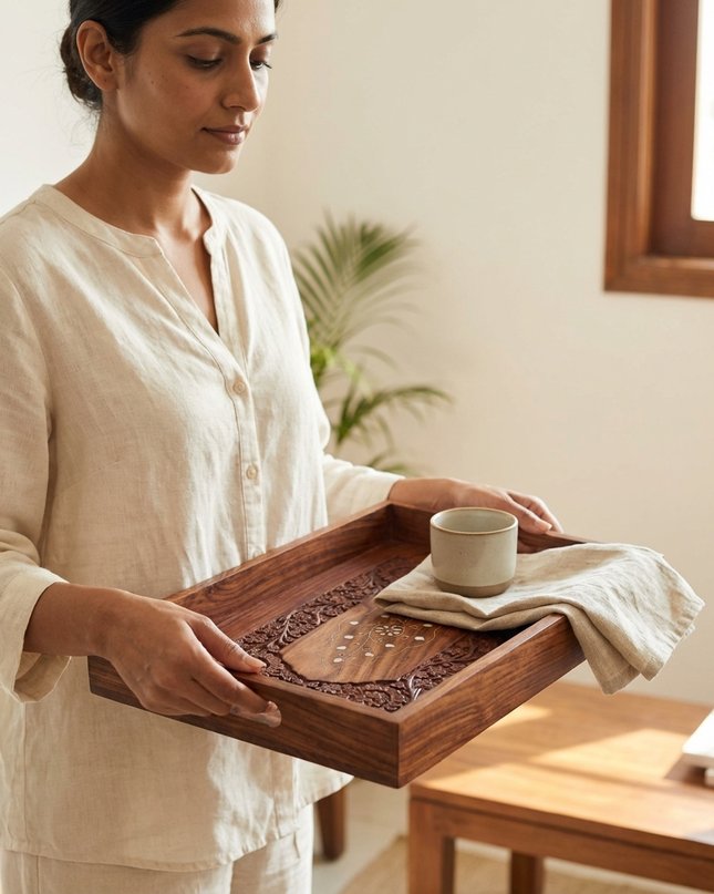 Premium Handcrafted Wooden Serving Tray Set (Set of 2) with Intricate Carving & Inlay Design