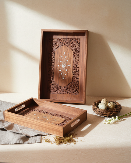 Premium Handcrafted Wooden Serving Tray Set (Set of 2) with Intricate Carving & Inlay Design