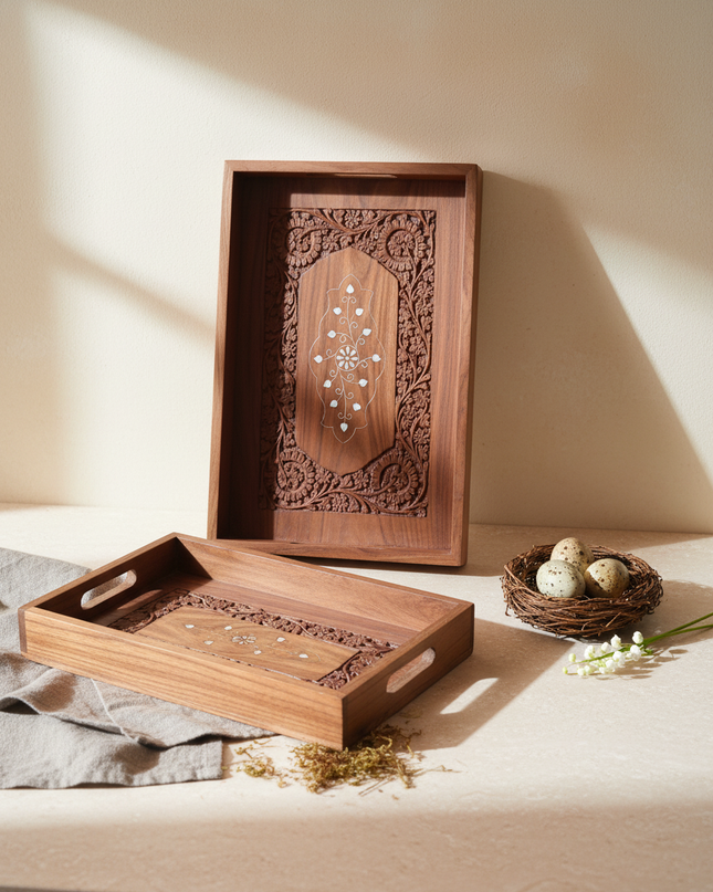 Premium Handcrafted Wooden Serving Tray Set (Set of 2) with Intricate Carving & Inlay Design