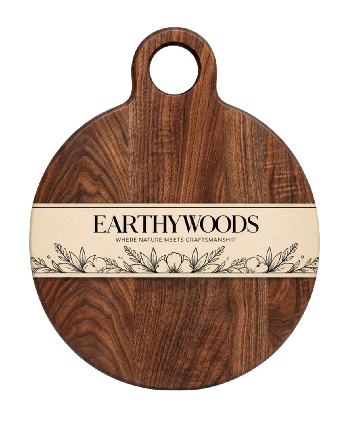 Earthy Woods wooden chopping board with juice groove and branded paper band